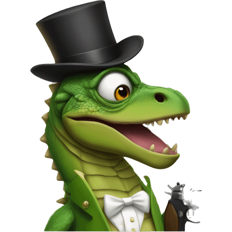 Big stupid lizard with a top hat and a gun emoji