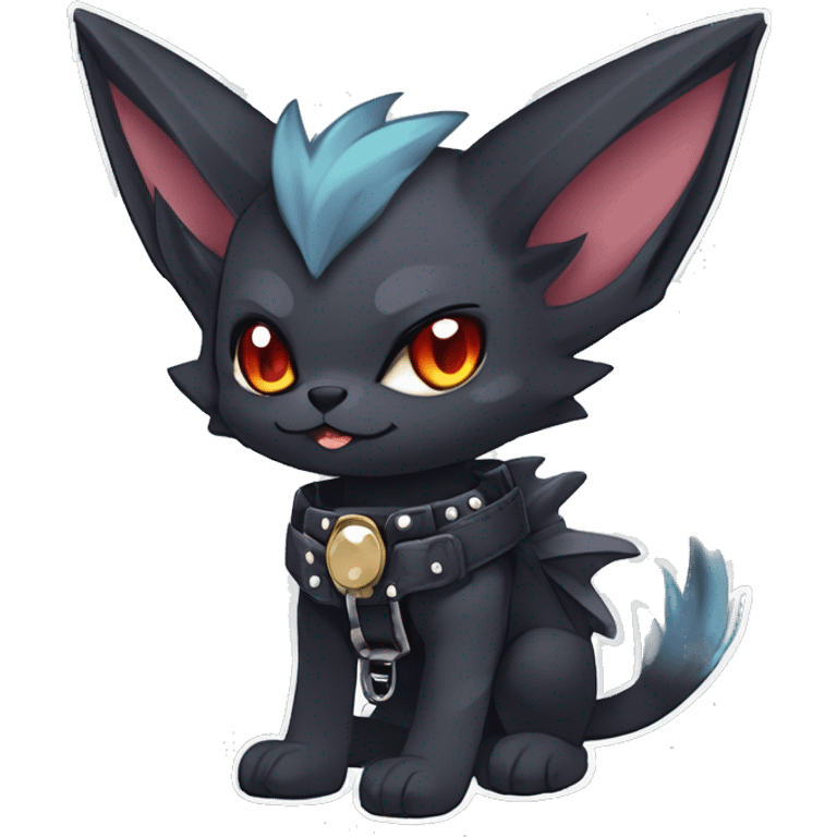 cool punk kawaii anime edgy distinguished elegant beautiful fantasy black ethereal nargacuga-bat-zorua-sphynx-Quiana-Fakemon collar harness with big fangs full body emoji