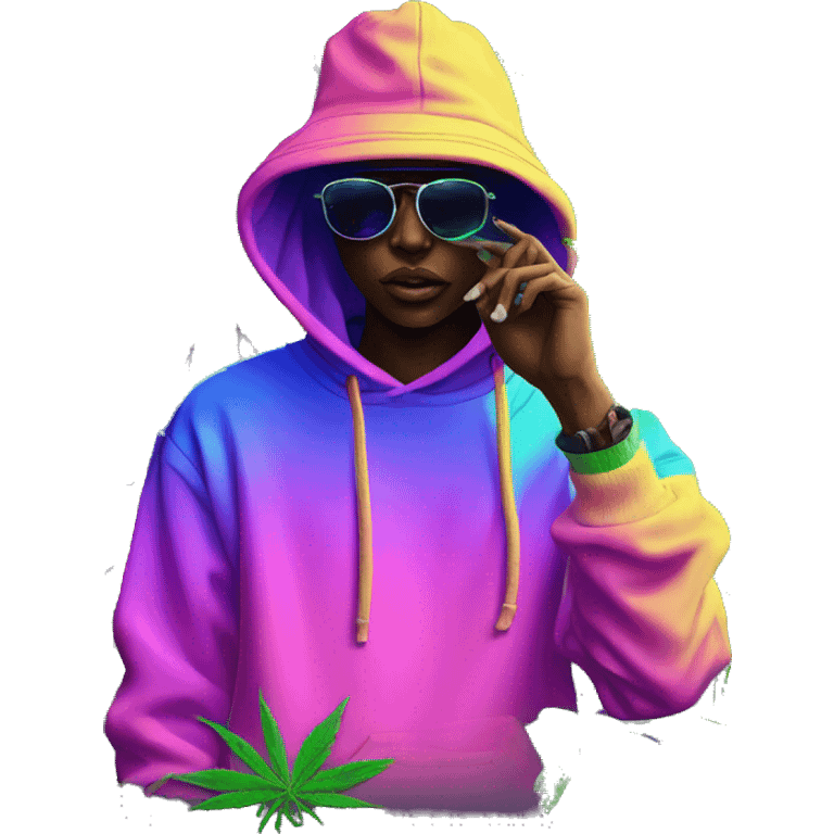 Hemp leaves Multicoloured neon person smoking wearing hoodie dancing hip hop bucket hat tropical Skater fashion aesthetic baggy clothes graphic t shirt 420 emoji