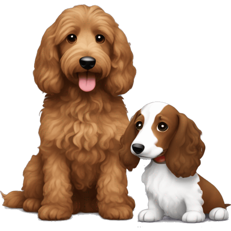  Brown goldendoodle and a black and brown longhair dachshund sitting together  emoji