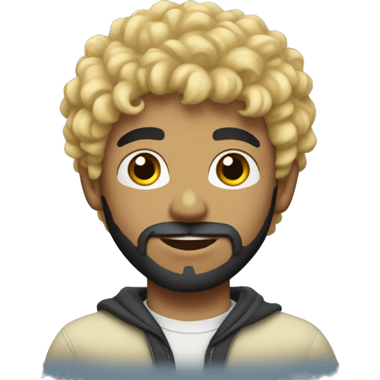 boy blonde with surfer curly hair and black beard, pronounced jaw emoji