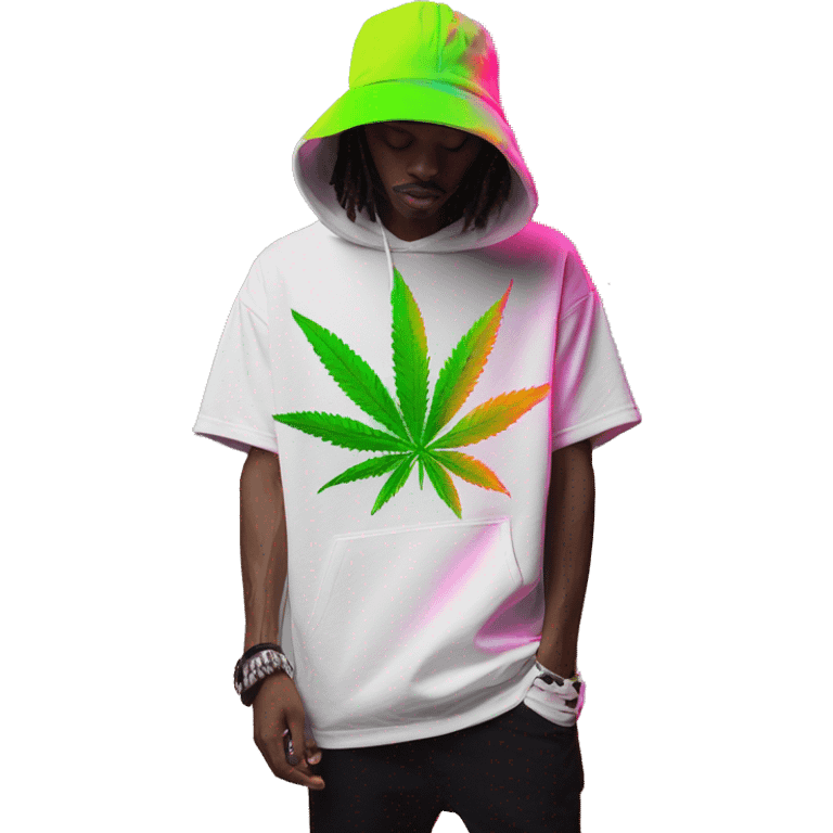 Hemp leaves Multicoloured neon person smoking wearing hoodie dancing hip hop bucket hat tropical Skater fashion aesthetic baggy clothes graphic t shirt 420 emoji