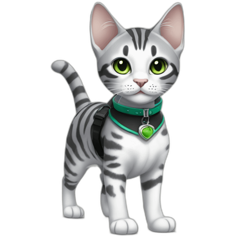 cute light white and grey domestic shorthair tabby with green and blue eyes black pupils, walking and playing wearing a cute costume emoji