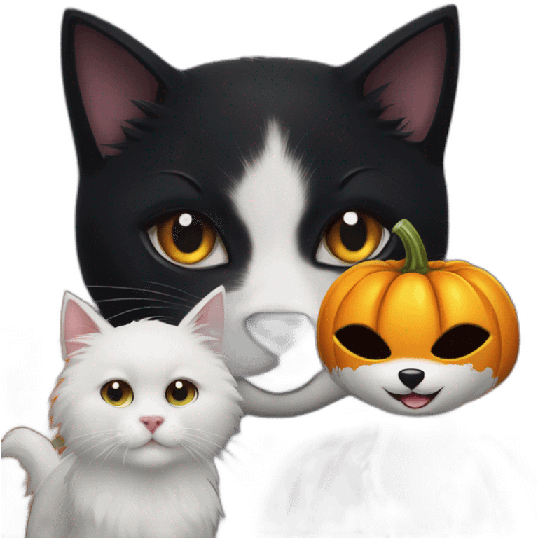 Black cat and two white dogs and Halloween pumpkin and Elvira mistress of the dark emoji