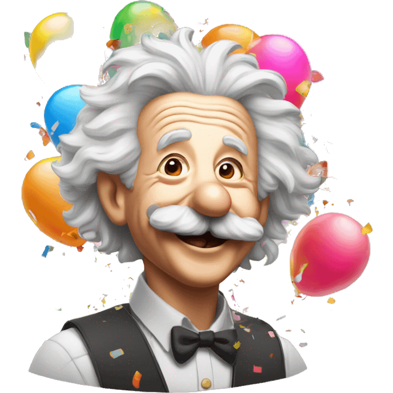 Japoy albert einstein with lots of colourful confetti and party balloons and thumbs up emoji