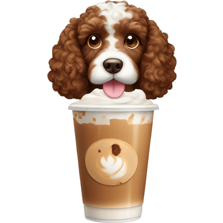 brown Cockapoo dog with ice latte emoji