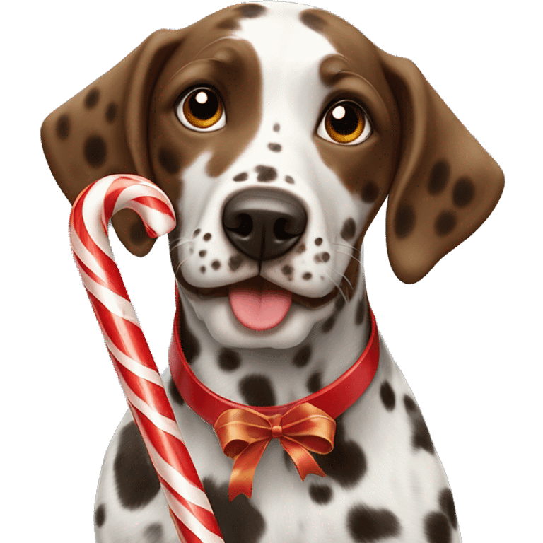 A brown Dalmatian holds a caramel Christmas candy cane in his mouth emoji