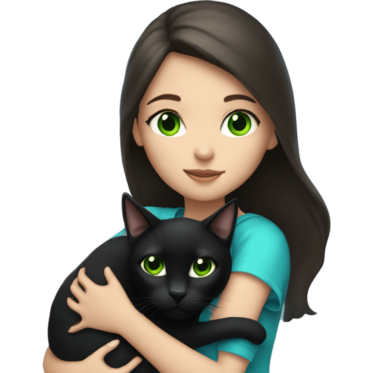 A brunette girl with green eyes holds a black cat with blue eyes in her arms emoji