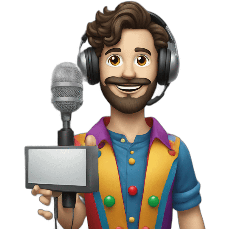 young brunette radio presenter with beard and with a microphone in his hand dressed as a clown emoji