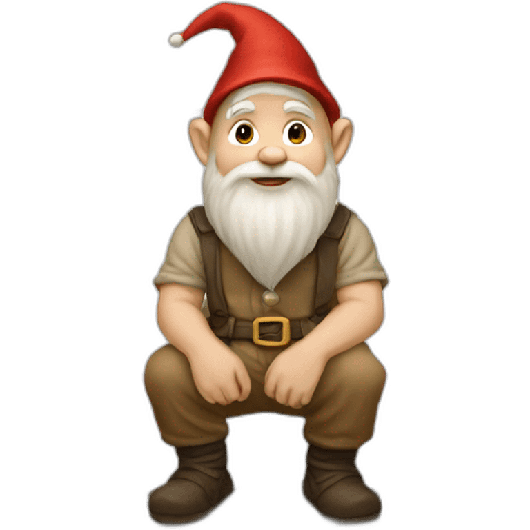 side view of gnome with light tan pants sitting above a small dark brown pebble emoji