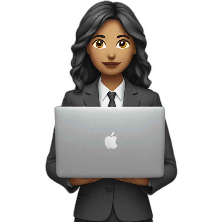 Indian woman with layered hair wearing suit typing on a MacBook emoji