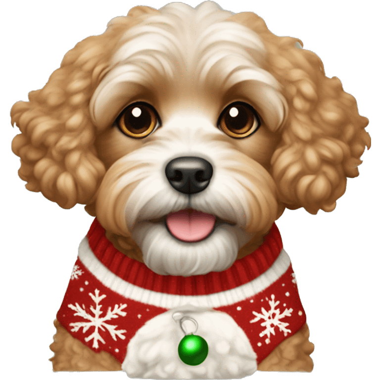 apricot colored cavapoo dog wearing a christmas sweater  emoji