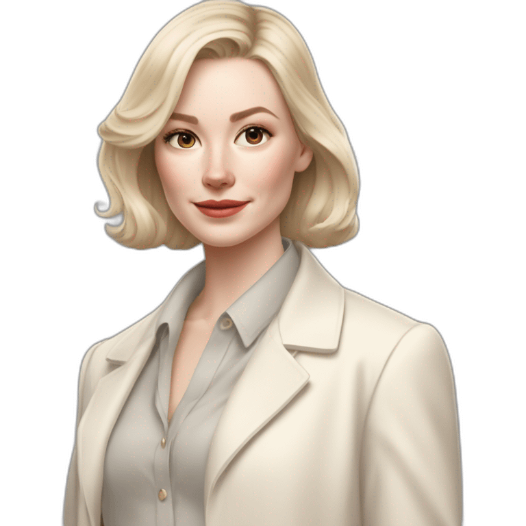 pale skin woman with ash blonde Straightened bob Hair, White Spacious classical jacket, beige palazzo Arrow pants and gray blouse holding white IPhone 15 pro in the hands emoji