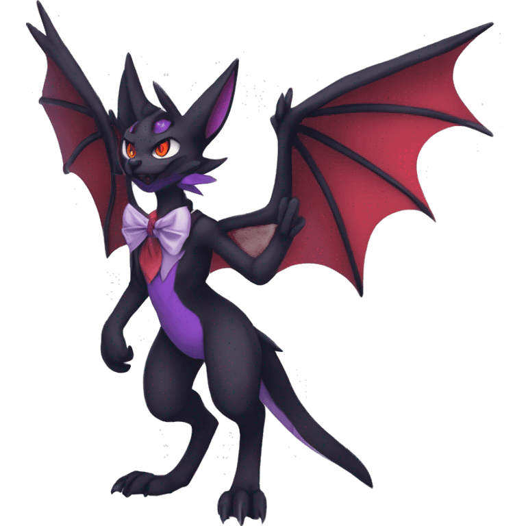 cool cartoon anthro evil black purple red ethereal fantasy nargacuga-Noivern-cat-Fakemon collar harness bow tie and bracers full body emoji