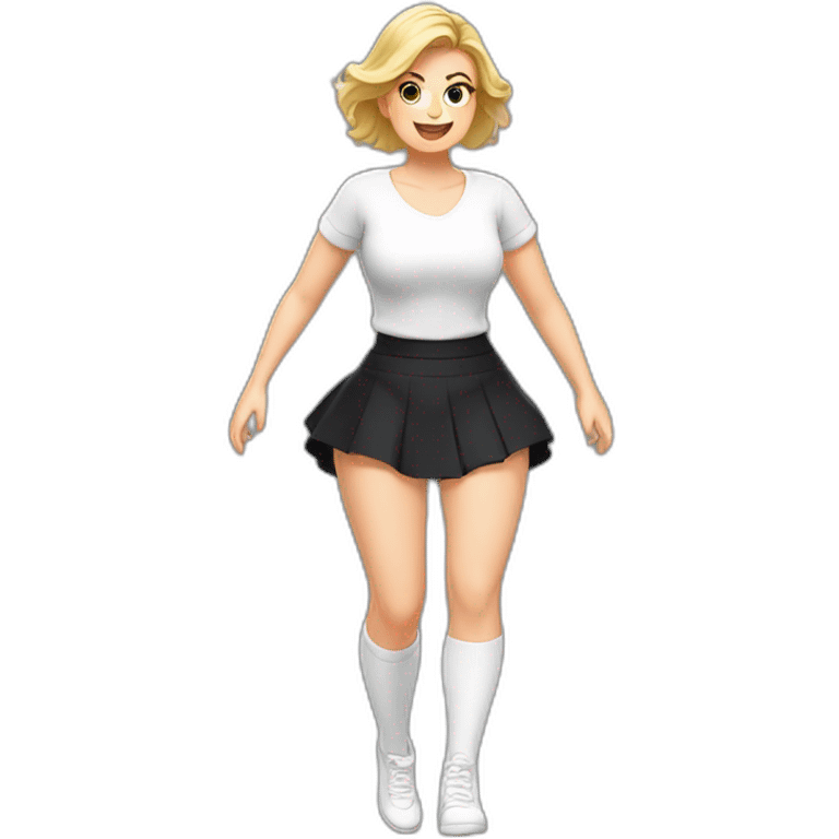 full body caucasian curvy beauty jumping short black skirt back and front views strong wind white knickers long white socks emoji