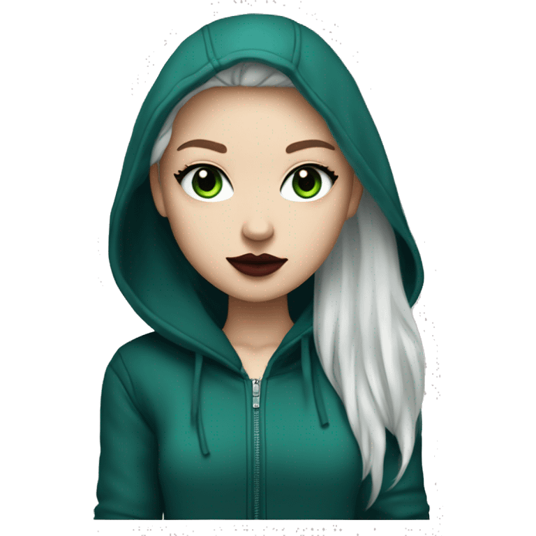 white girl with long bright blue wolf cut hair wearing dark red lipstick, black eyeliner and a green hoodie emoji