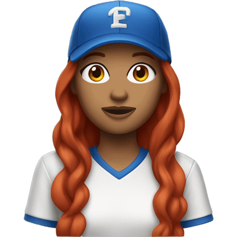 front facing standing up female coach with long red hair, wearing a white t-shirt and a simple baseball blue hat emoji