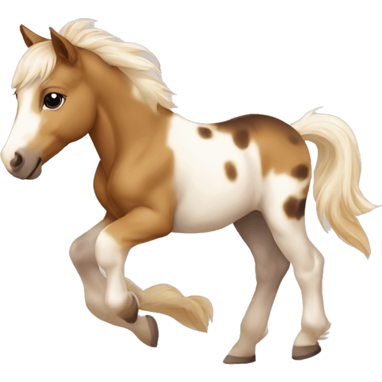 Piebald tricolor palomino yellow brown horse foal with dark brown spots baby running emoji