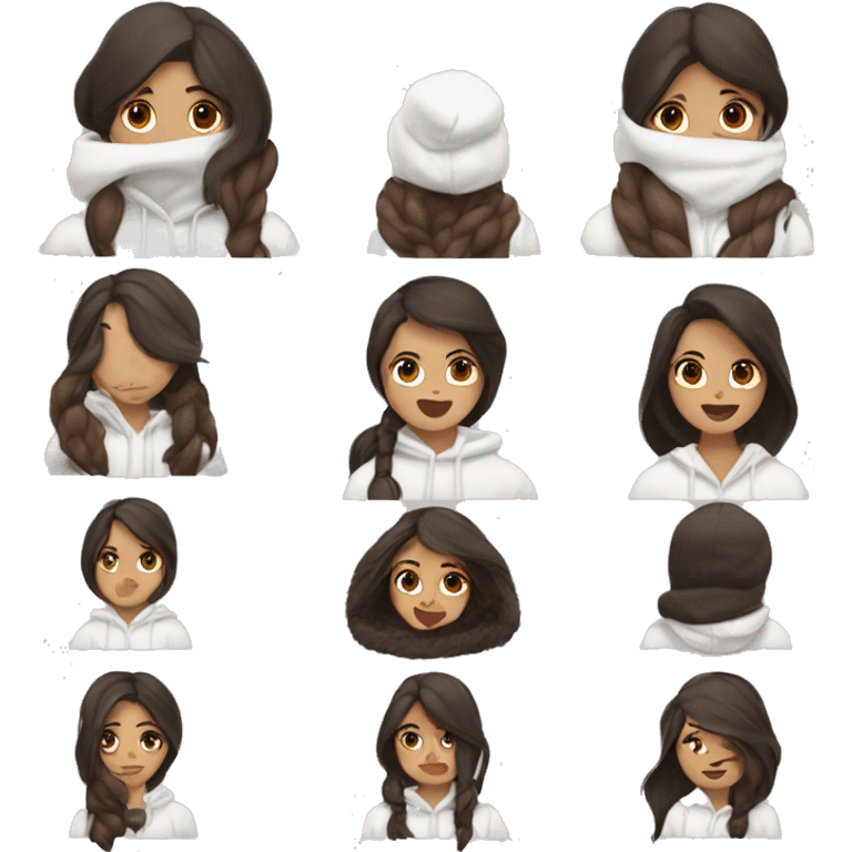 a brunette girl with a white hoodie, dark brown hair, and with winter vibes emoji