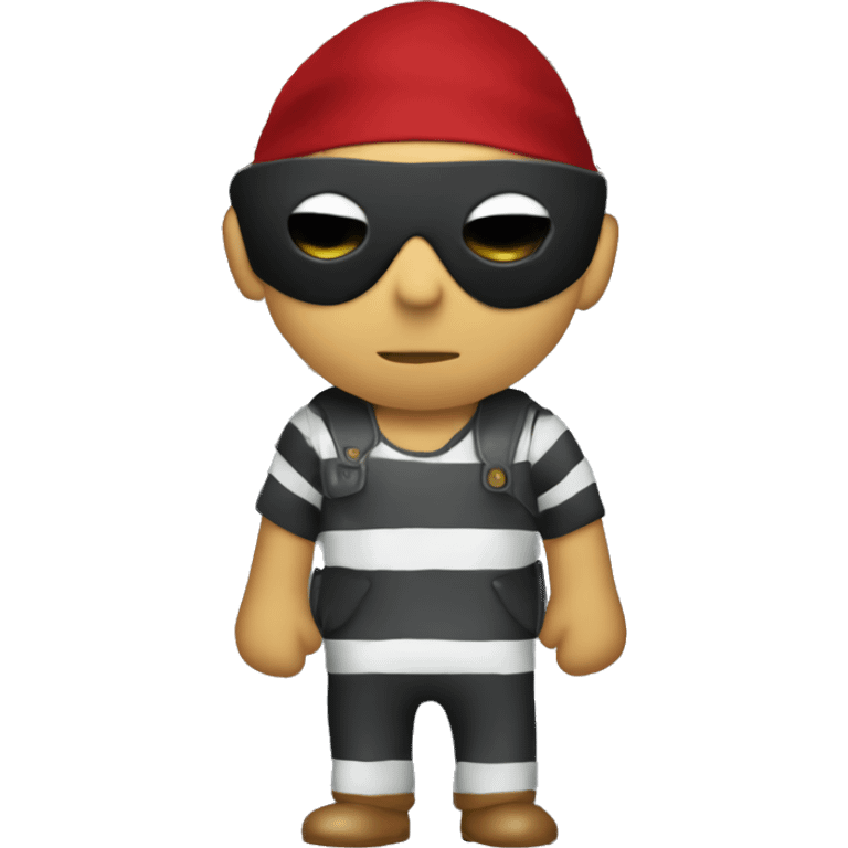 emoji of man thief holding a bag of money wearing striped clothes and black eye mask emoji