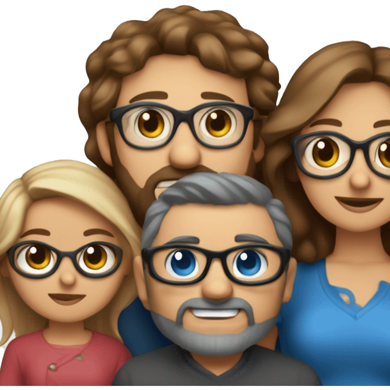 FAMILIA DE 4 PERSONAS Y UN PERRO MARRÓN PEQUEÑO. BEBE RUBIO OJOS AZULES, NIÑO RUBIO CON GAFAS AZULES OJOS MARRONES, MAMA RUBIA OJOS AZULES GAFAS NEGRAS Y PAPA CASTAÑO CON BARBA emoji