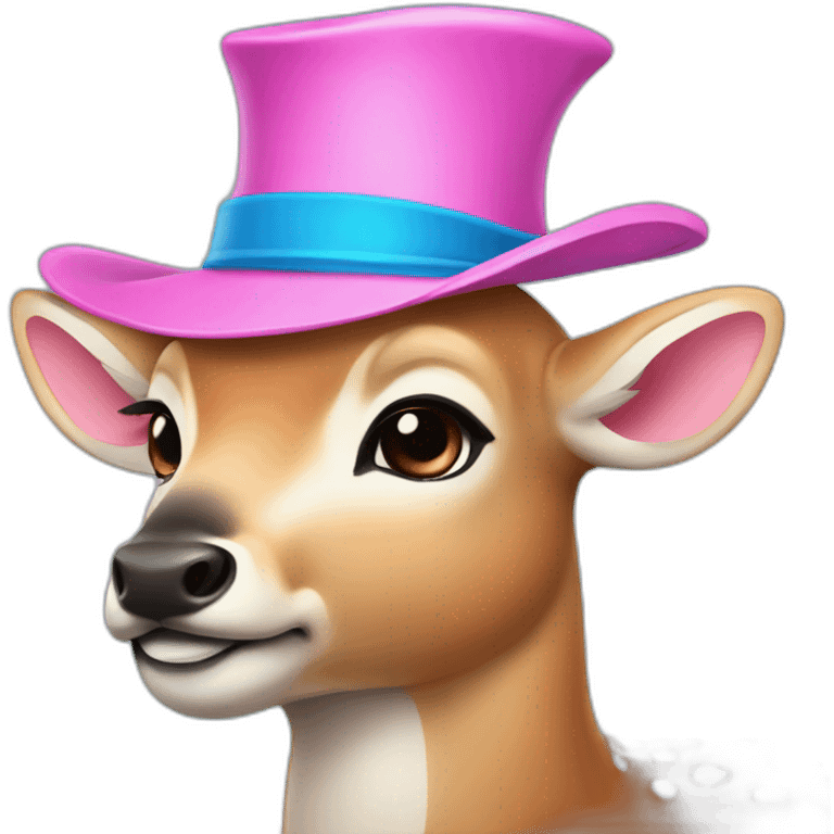 A deer with a blue nose and Big pink hat emoji