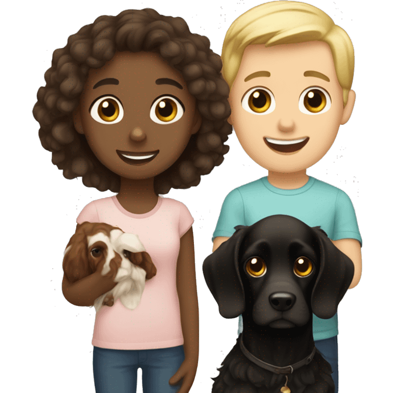 Brown haired girl and a blond haired boy both holding a black coker spaniel  emoji