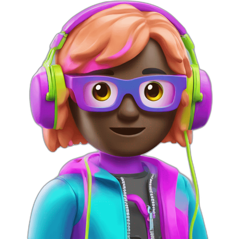 Playmobil wearing neon light clothes, having headphones emoji