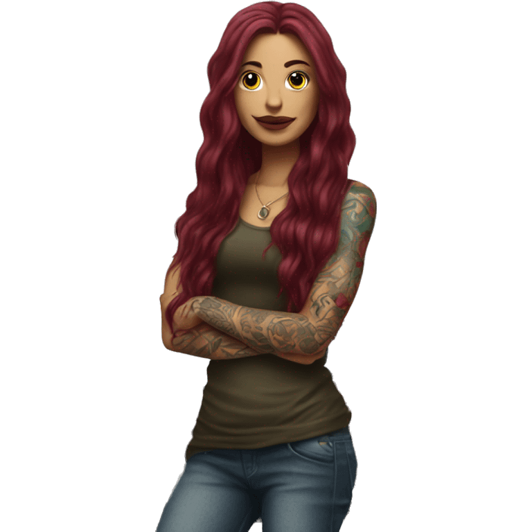 Beautiful tattooed burgundy long haired woman standing next to a car emoji