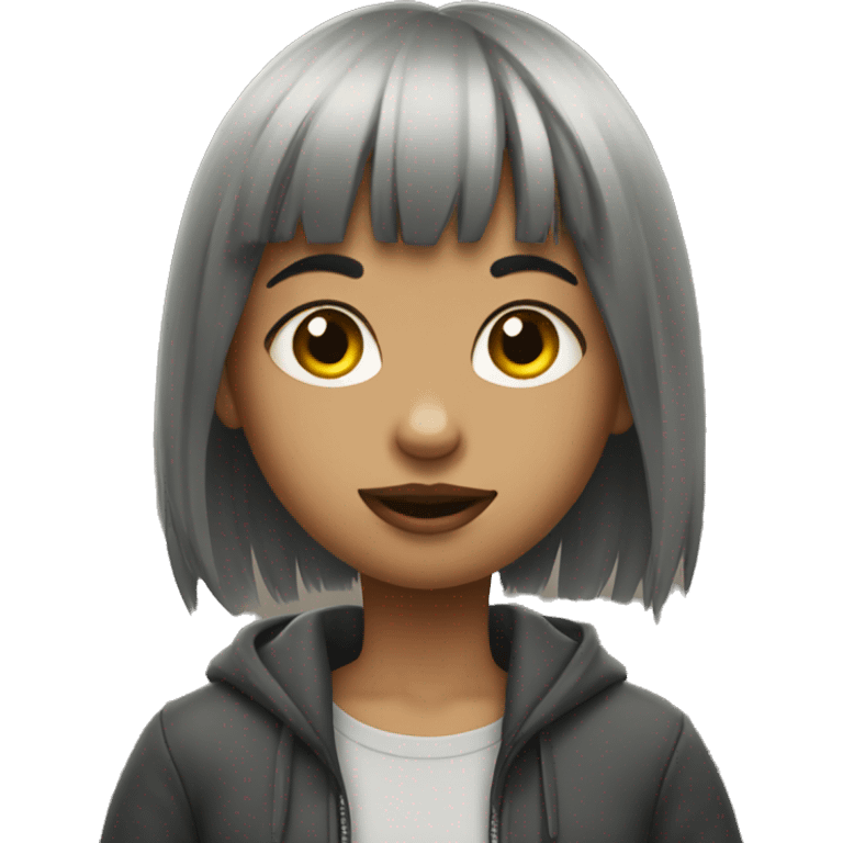 A girl with a wolfcut and bangs eating the city emoji