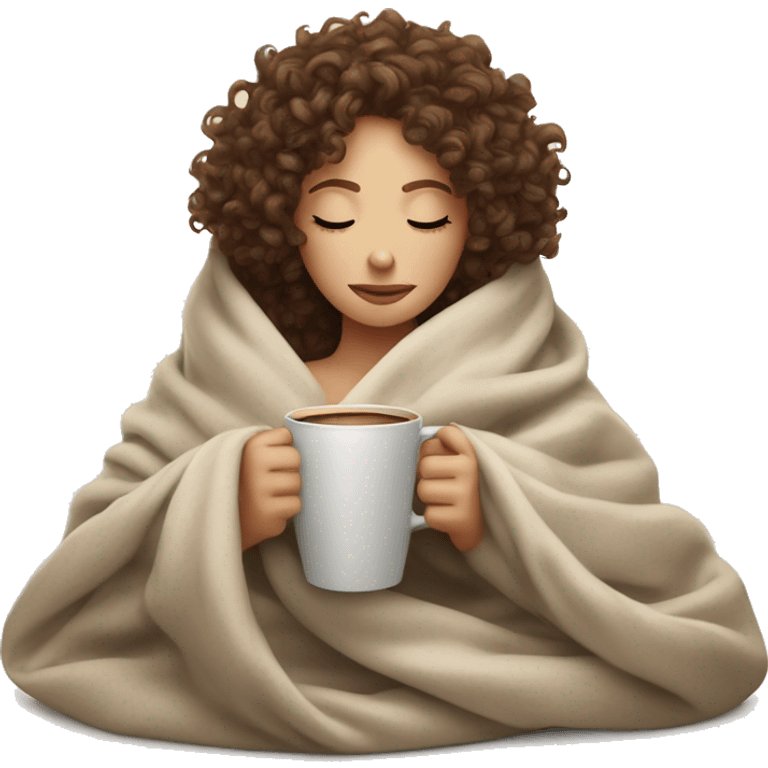 curly white girl inside a blanket sipping coffee eyes closed emoji