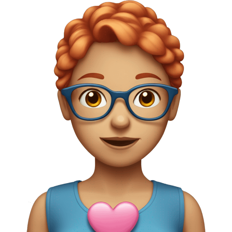 Emoji of a red-haired girl in glasses, wearing a blue dress and holding a pink heart, with a sweet and friendly expression. emoji