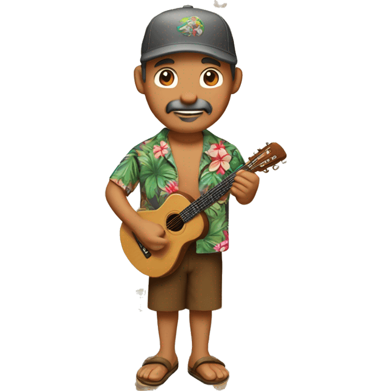 Native Hawaiian Male in his mid 50's of age, playing a ukalele with a hawaiian shirt. Wearing brown shorts a cap. He has mouth beard of dark gray color. His skin is light brown with east asian eye type.  emoji