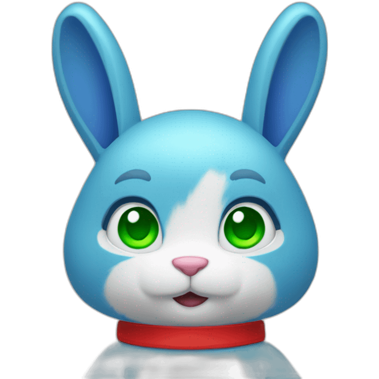 Blue humanoid rabbit with red shorts and white gloves with green eyes emoji