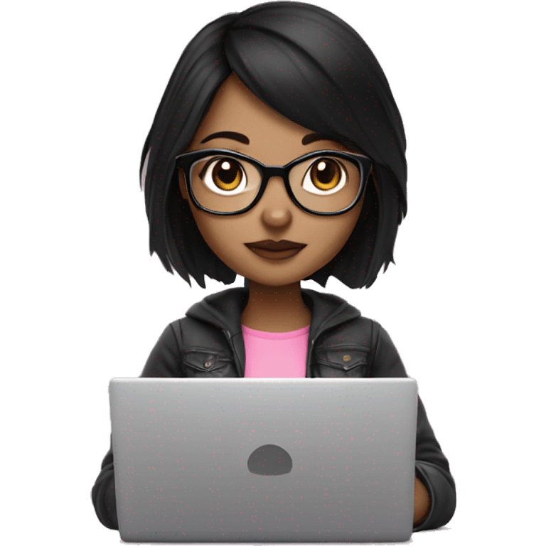 fair skin girl with black hair and eyeglasses using pink laptop cute emoji