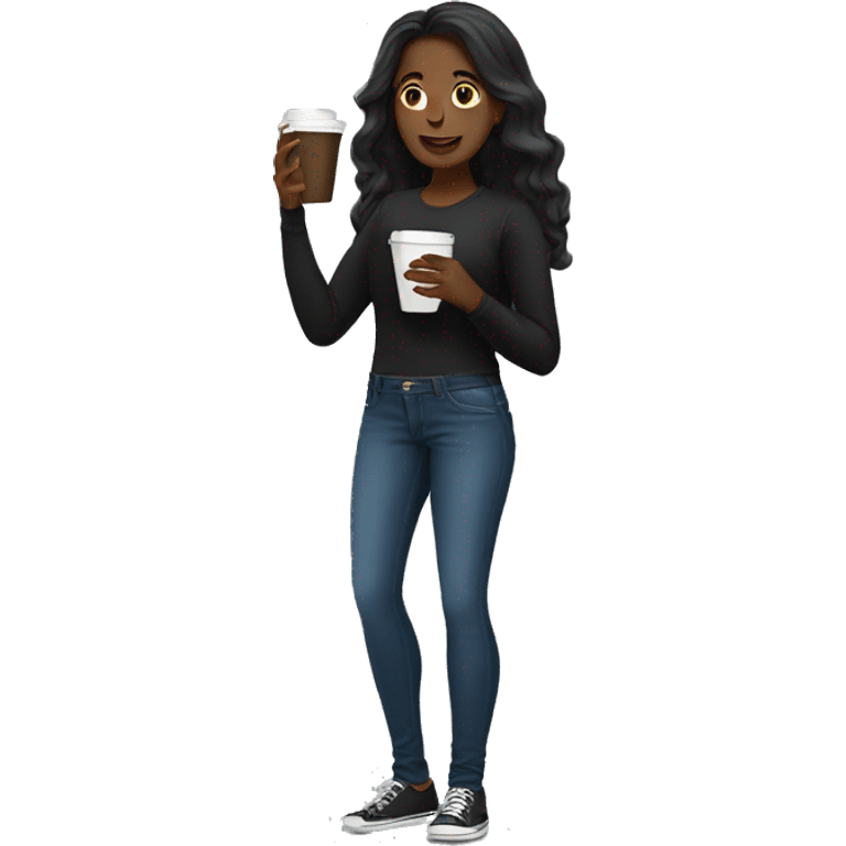 Black female with long hair talking on cellphone and holding a coffee wearing black shirt and jeans full length  emoji