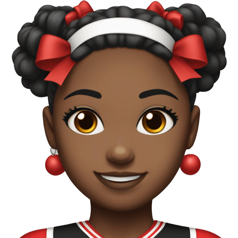 And black girl wearing a black red and white cheer uniform with a bow on her head and 2 pom-poms one red one black emoji