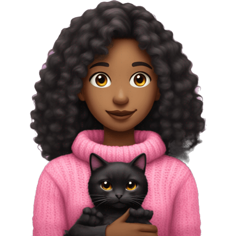 A black light skinned teenager girl with Long curly hair wearing a pink knit sweater and pink hat. The girl is holding a black fluffy cat emoji