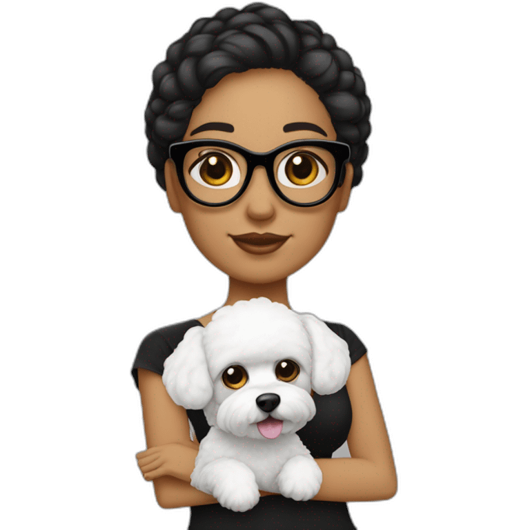 mujer piel blanca cabello negro con chongo  gafas y perro bichon blanco emoji