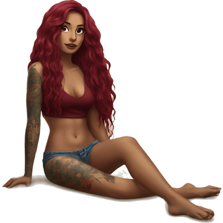 Beautiful tattooed burgundy long haired woman laying on the beach emoji