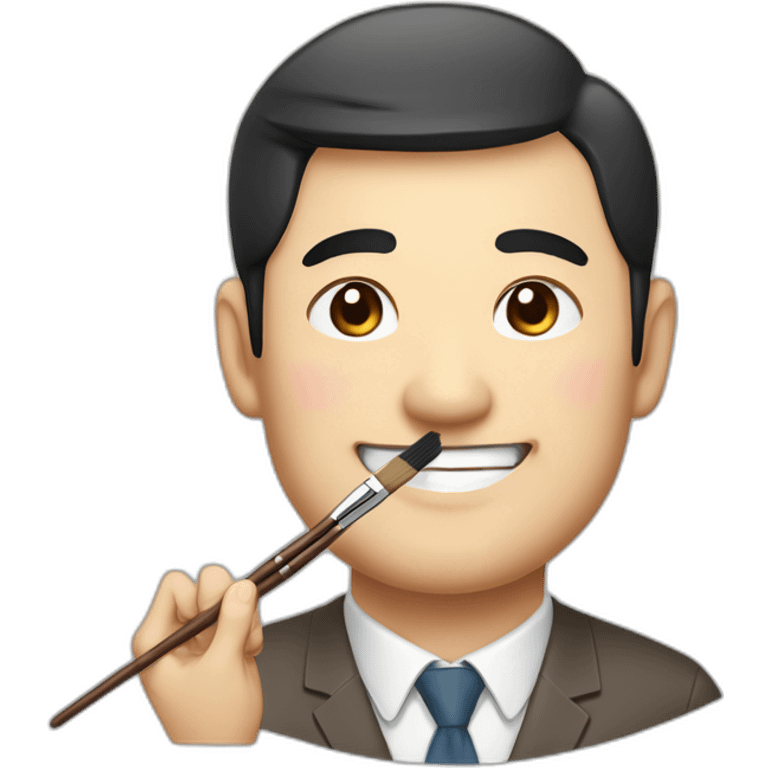 Japanese uncle with a thick round face, slightly droopy eyes, thin eyebrows, large head, cute dark brown hair, holding a brush and pencil, smiling emoji