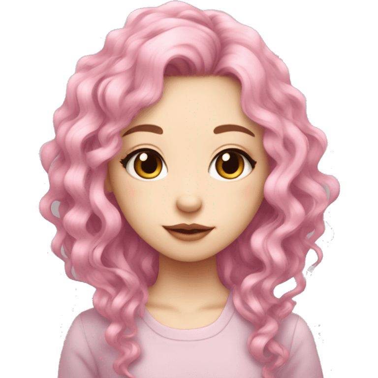 girl with pink hair, long curly hair, cat cars, pale skin, long lashes, eyeliner, asian, cute emoji