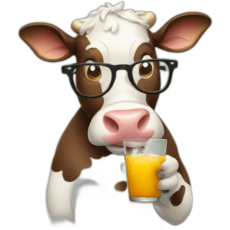 cartoon style cow with glasses drinking bear from bottle emoji