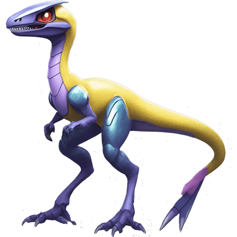 Futuristic Shiny Velociraptor-Genesect-Fakémon-Pokémon with a visor helmet Full Body emoji