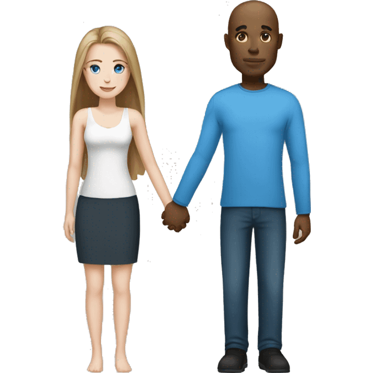 Bald black man holding hands with a white woman with long dark hair and blue eyes emoji