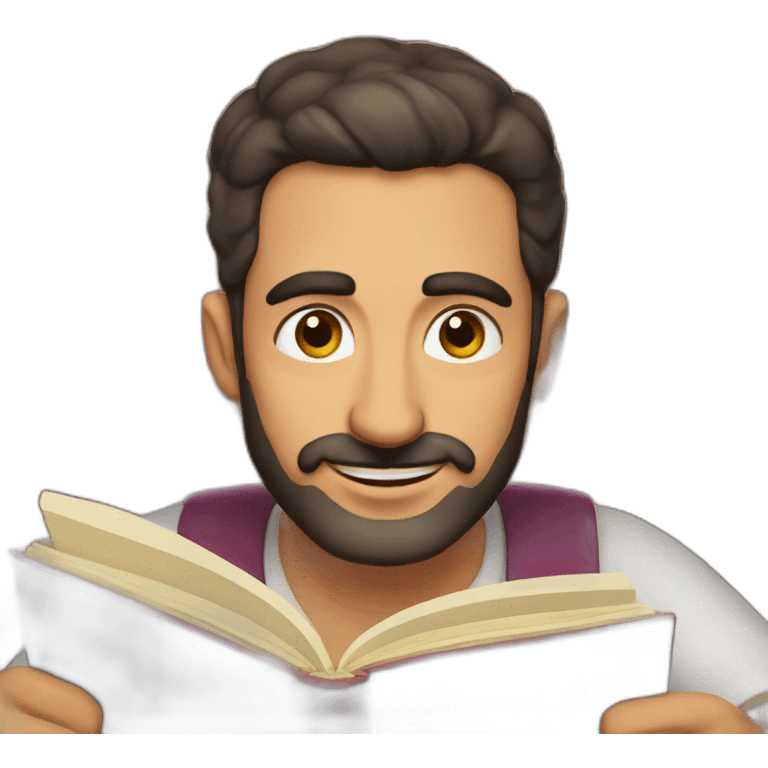 Armenian men sitting and reading interesting book and looking at camera and smiling  emoji