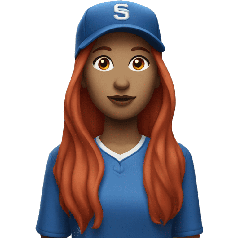 front facing standing up female coach with long red hair, wearing a white t-shirt and a simple baseball blue hat emoji