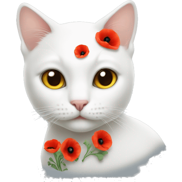 White cat with poppy flower emoji