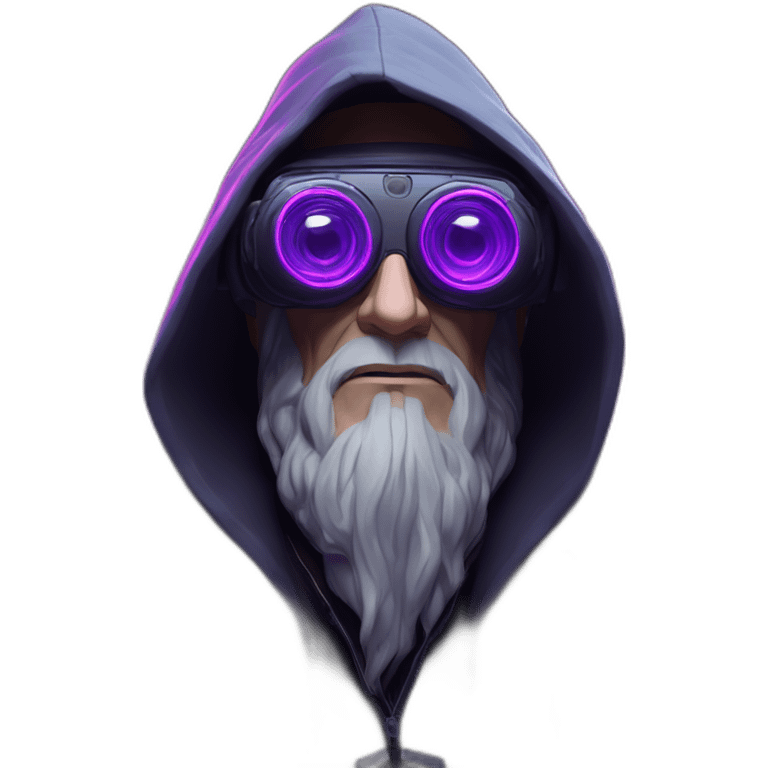 Gandalf wearing a black hoodie with "OMG" letters on it and VR headset in a cyberpunk VR environment with violet neon lighting. emoji