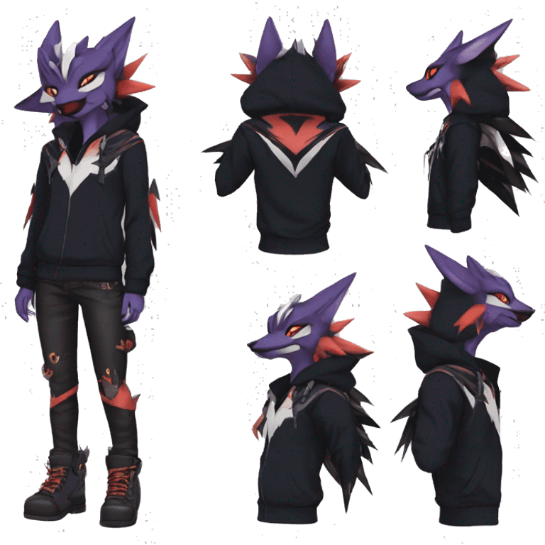 Cool Anthro Black Noivern-Absol-Litten-Pokémon with edgy stripes hoodie spiked collar punk Full Body emoji